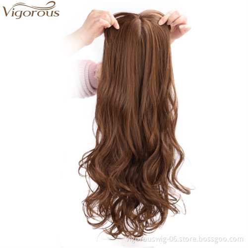 Vigorous Light Brown Synthetic Hair Toppers Extension Clips in Long Wavy Top Hairpieces for Women with Air Hair Bangs